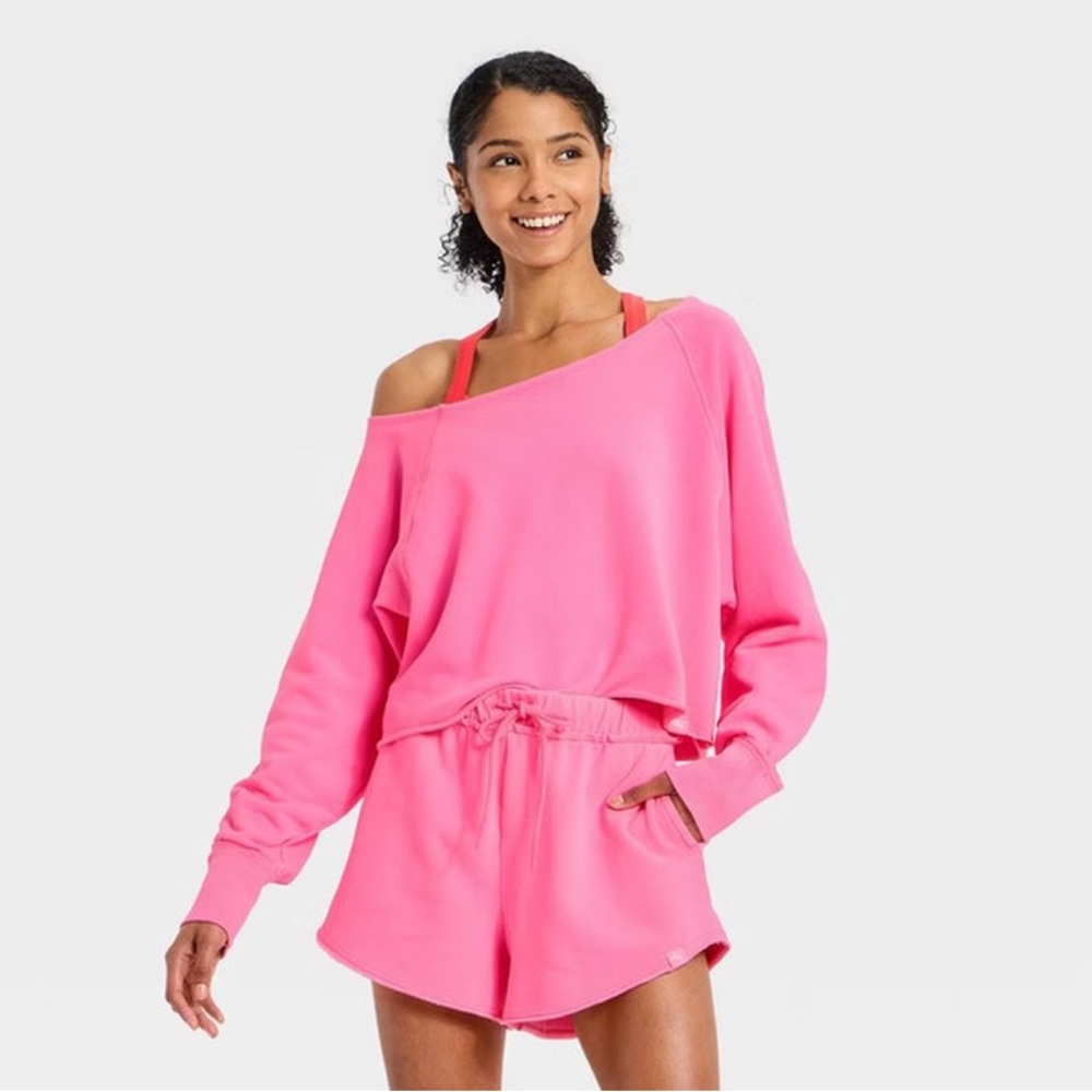 JoyLab Women's French Terry Off-The-Shoulder Sweatshirt, Neon Pink - All Sizes